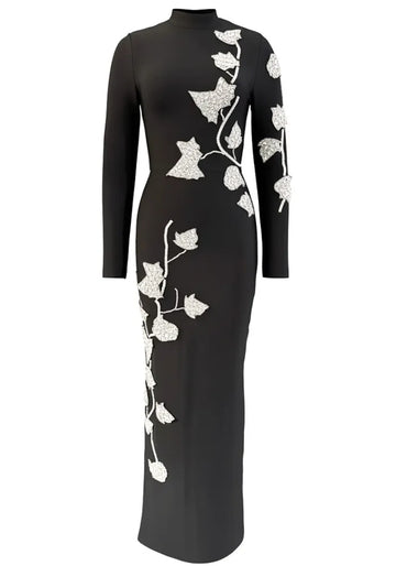 Long Sleeve Floral Crystal Maxi Dress Black