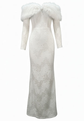 Long Sleeve Fur Bardot Maxi Dress White