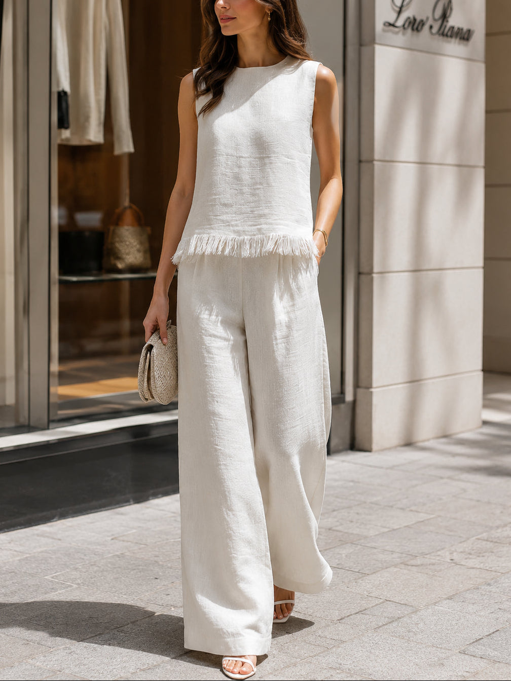 Minimalist sleeveless raw-edge top and trousers set