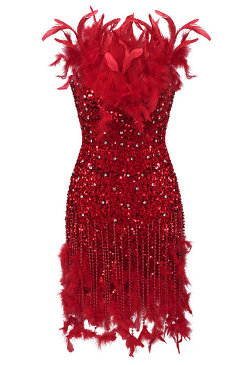 Strapless Feather Crystal Sequin Dress Red