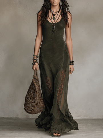 Bohemian Elegance Mystic Olive Sheer Lace-Panel Maxi Dress
