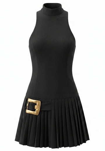 Buckle Detail Pleated Dress Black