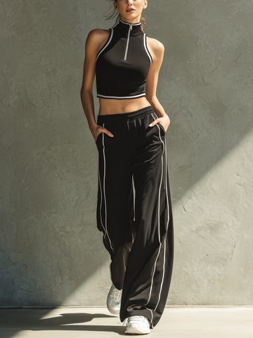 Women's Casual-Sporty Black Crew-Neck Sleeveless Top Paired With Black Trousers MDZ2701D9LXY