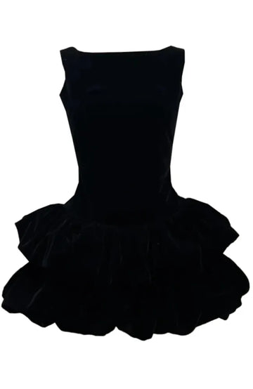 Puff Detail Velvet Dress Black