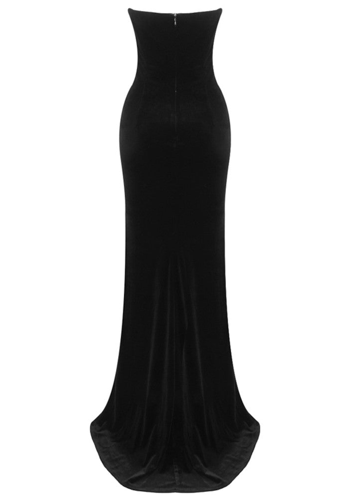 Crystal Strapless Maxi Velvet Dress Black