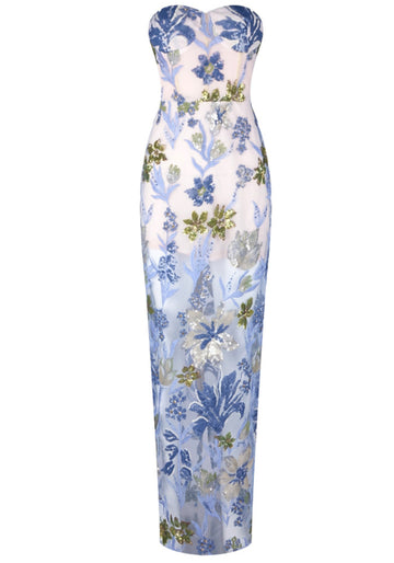 Strapless Floral Sequin Maxi Dress Blue