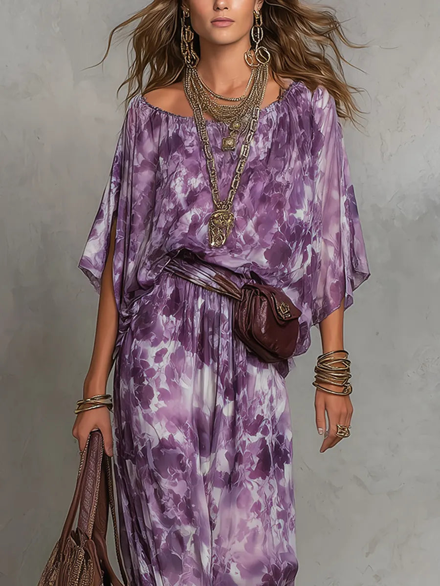 Lavender Print Bohemian Belted Maxi Dress
