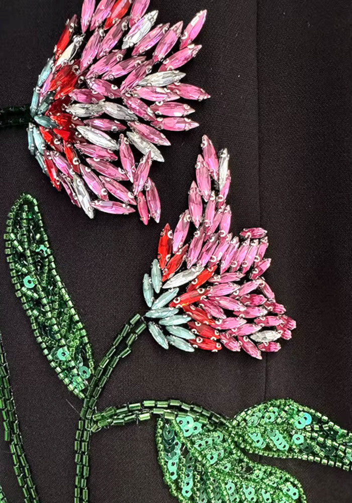 Long Sleeve Embellished Floral Maxi Dress Black