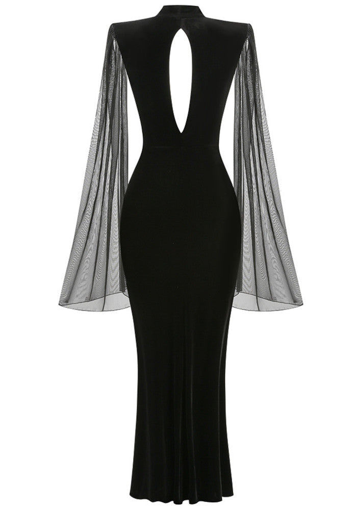 Mesh Sleeves Maxi Velvet Dress Black