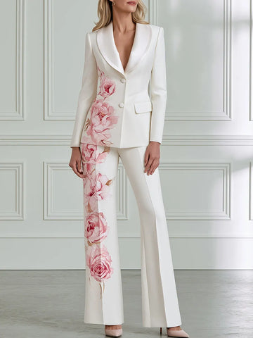Watercolor Rose Print Tailored Blazer And Flared Trouser Two-Piece Set