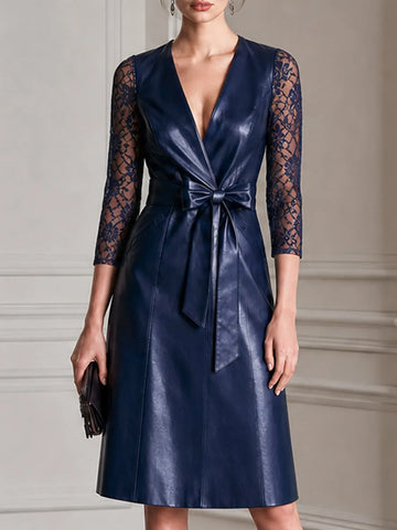 Faux Leather 3/4 Lace Sleeves Wrap Midi Dress