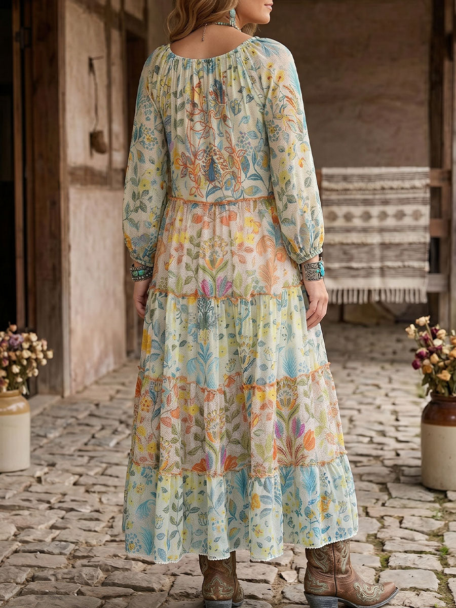 Vintage Art Comfortable Summer Fabrics Patchwork Floral Casual Dress