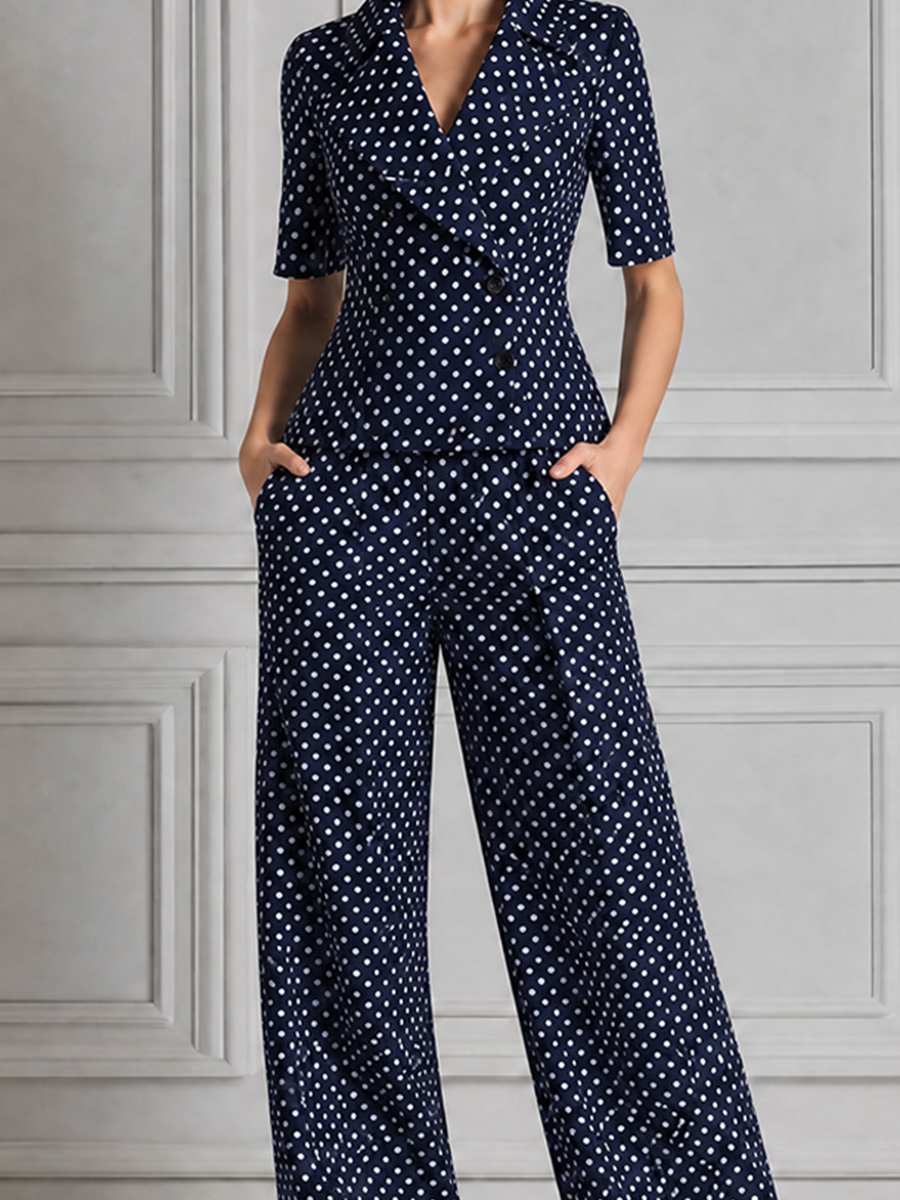 Navy Polka Dot Short Sleeve Blazer & Wide Leg Trousers Set