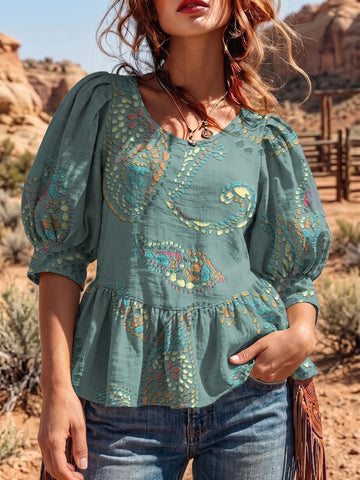 Women's Vintage Art Puff Sleeve Top