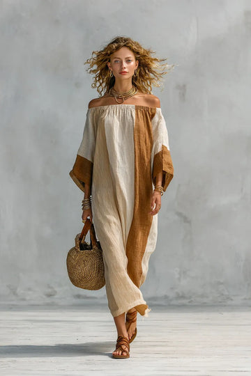 Women's Off-Shoulder Beige & Brown Color-Block Striped Maxi Dress
