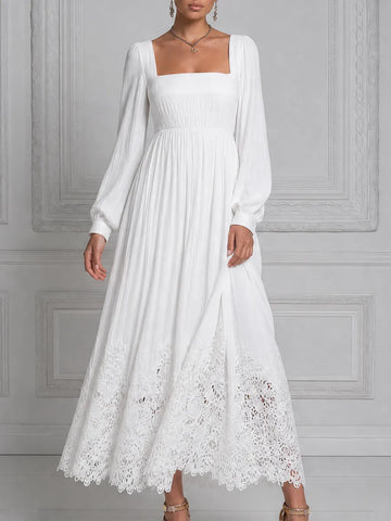 White Dress Lace Hem Square Neck Pleated Maxi Dress