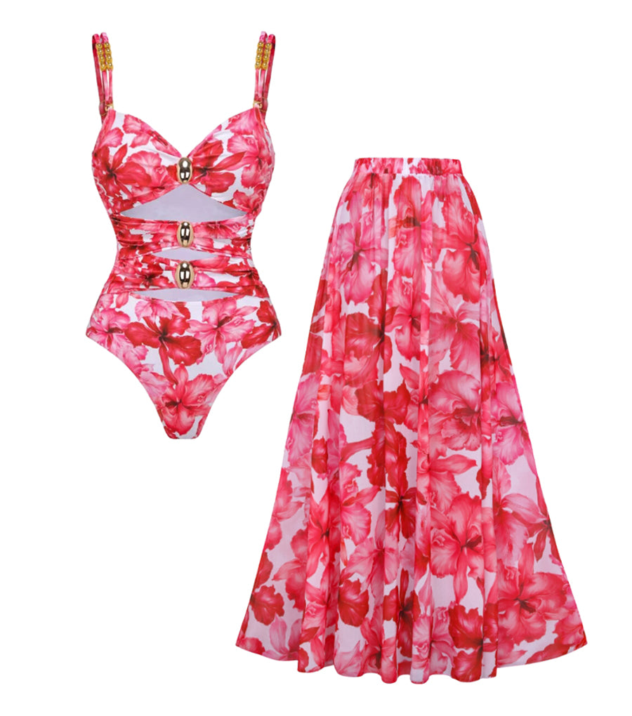 Cutout Flower Print One Piece Swimsuit and Skirt Flaxmaker