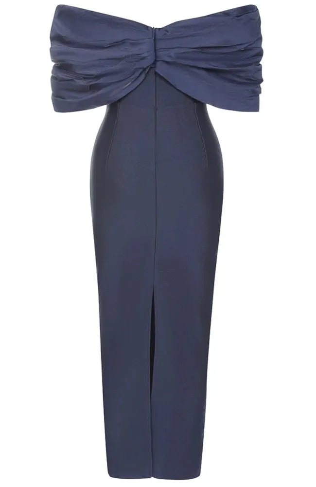 Draped Bardot Midi Dress Navy Blue