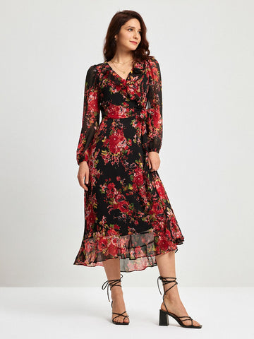 Chiffon Floral Print Adjustable Waist Maxi Dress