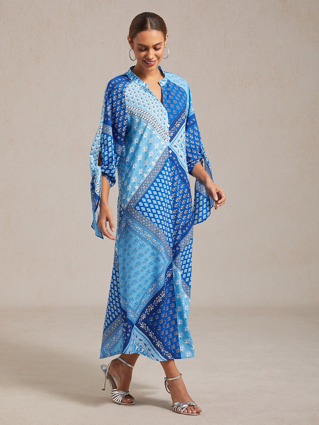 Geometric Floral Patchwork Print Stand Collar Maxi Dress