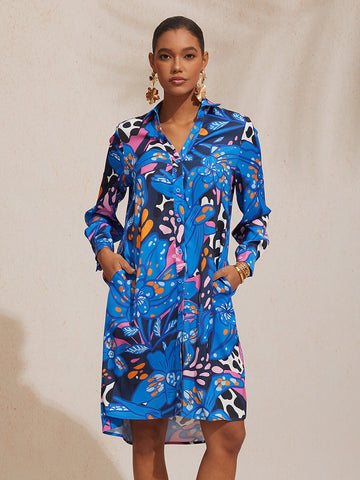 Abstract Azure Silky Satin Dot Shirt Dress