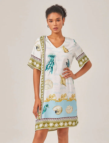 Resort-Style Ocean Print Straight-Cut Mini Dress
