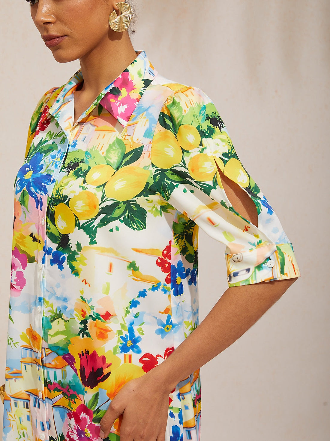 Holiday Citrus Garden Silky Satin Straight Shirt Dress
