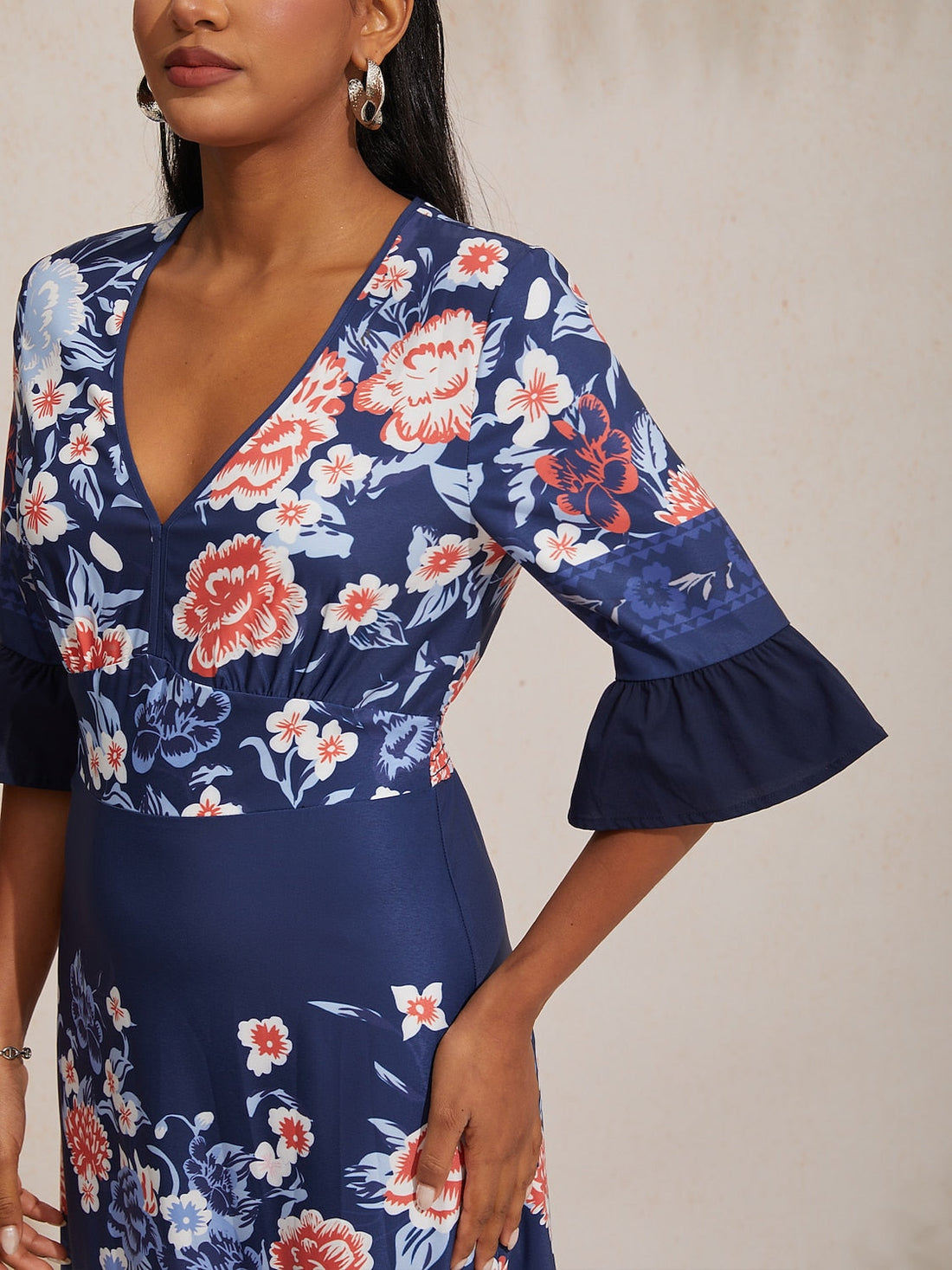 Satin V-Neck Tiered Hem Floral Print Vacation Maxi Dress