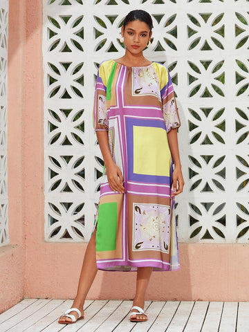 Satin Geometric Color Block Gathered Maxi Dress Vacation