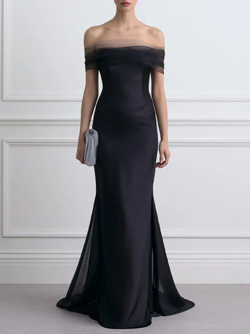 Off Shoulder Tulle Trim Satin Mermaid Evening Gown