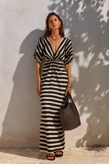 Women's Black and White Striped Wrap Maxi Dress