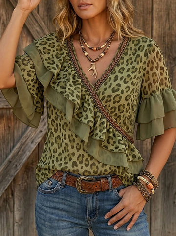 Vintage Leopard Print Casual Patchwork Ruffle Shirt