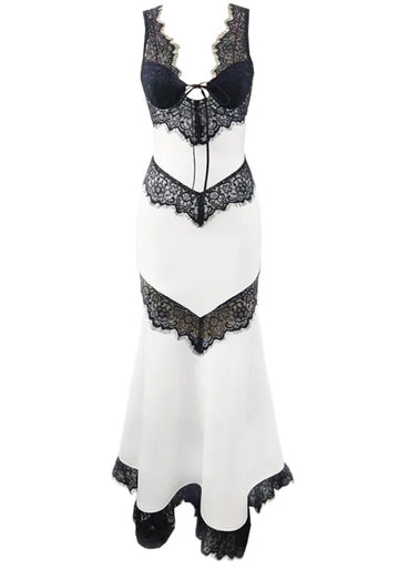 Lace Insert Maxi Dress Black White