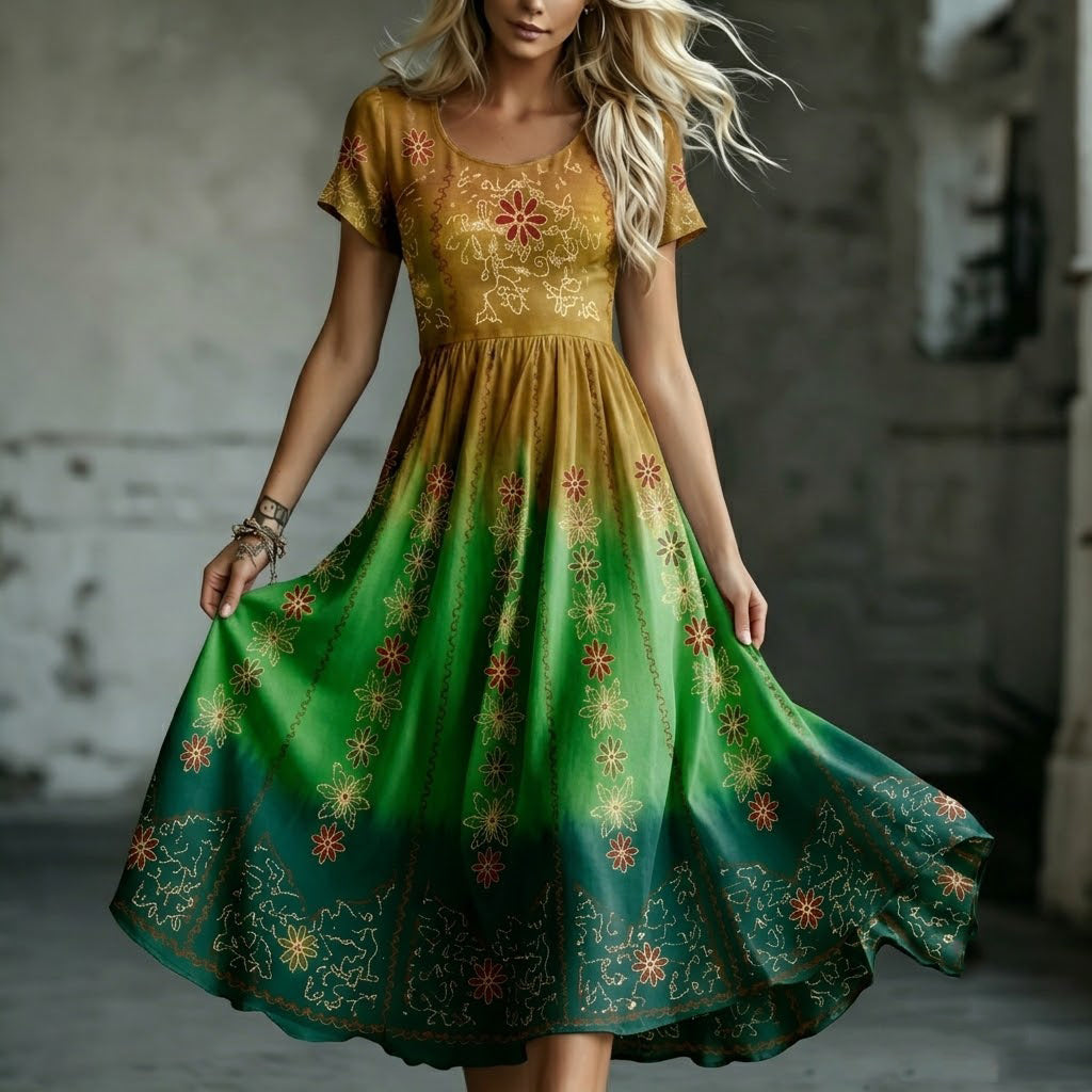 Women's Retro Floral Gradient Pattern Casual Round Neck Dress