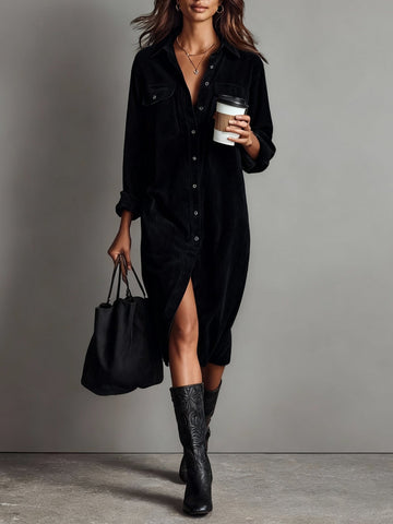 Black Loose Corduroy Double Chest Pocket Single Breasted Midi Dress