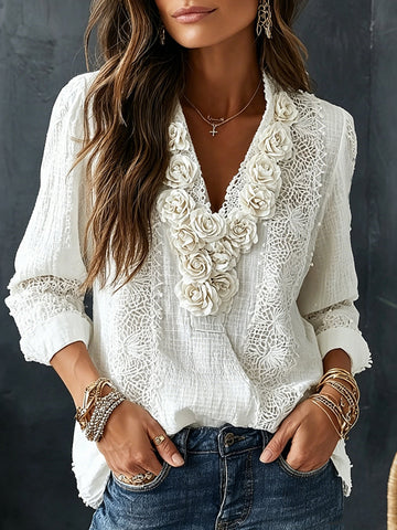 Women's Vintage White Rose Long Sleeve Casual T-shirt