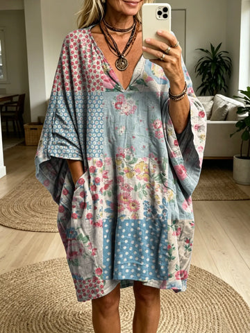Women's Retro Patchwork Floral Art Print Batwing Sleeve Casual Fashion Dress