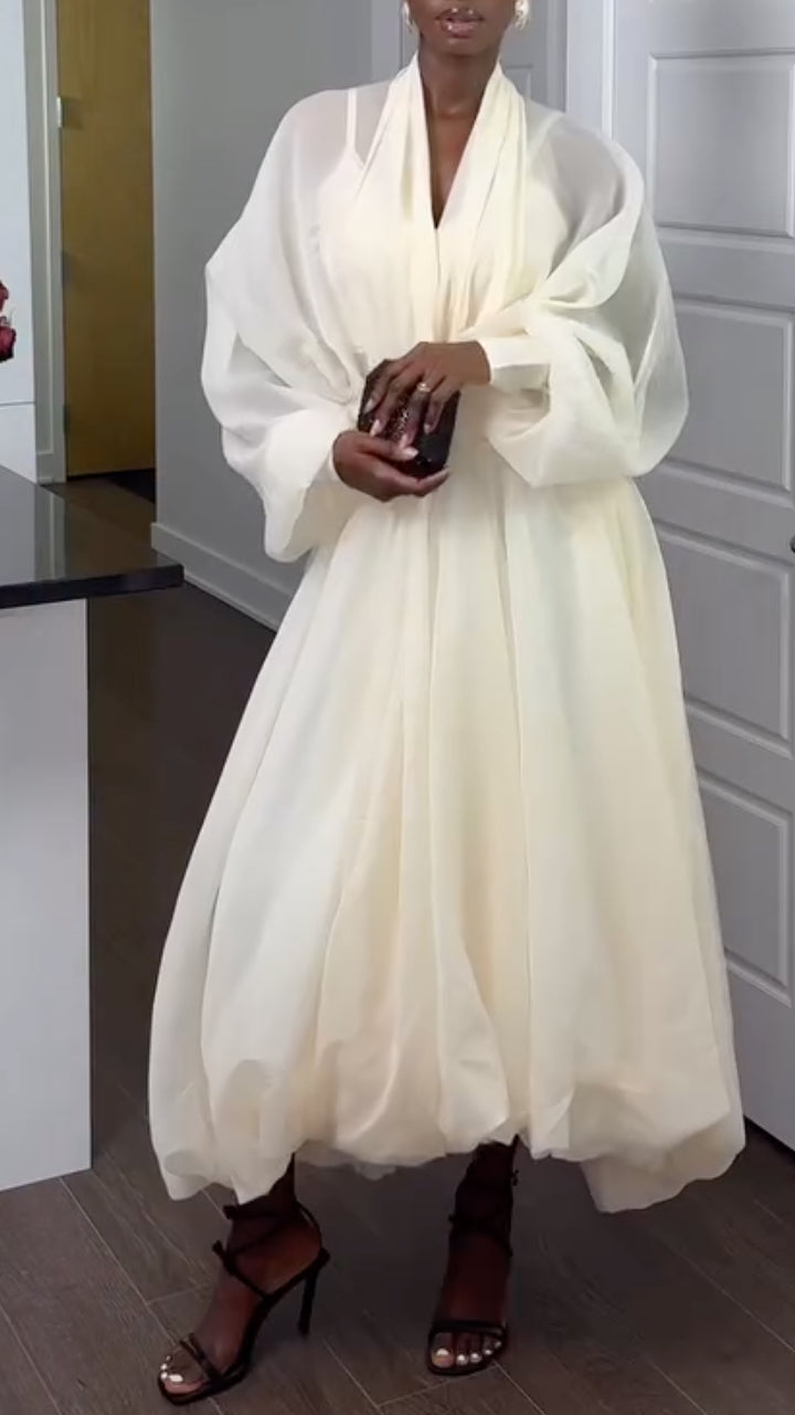 White Puff Sleeve Organza V Neck Belted Midi Balloon Dress