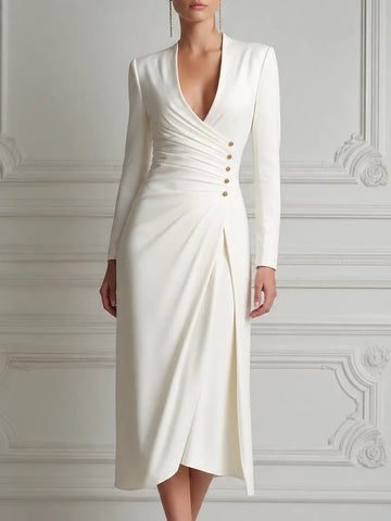 White Dress Wrap V Neck Ruched Button Slit Midi Dress
