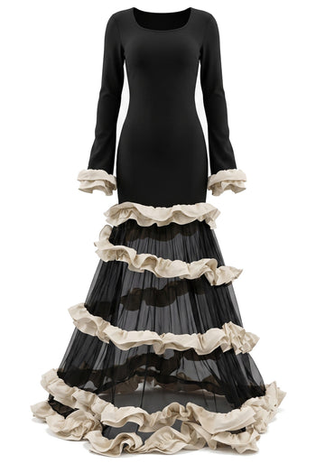 Long Sleeve Ruffle Mesh A Line Maxi Dress Black