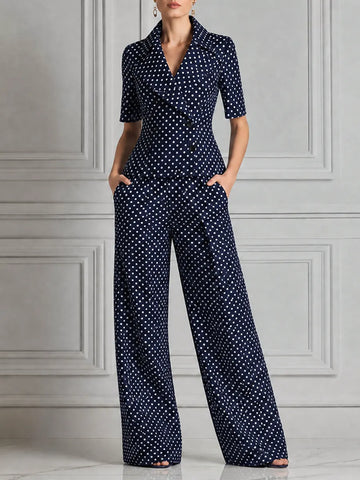 Navy Polka Dot Short Sleeve Blazer & Wide Leg Trousers Set