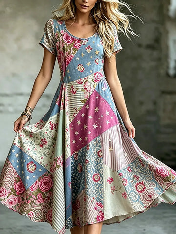Women's Retro Bohemian Floral Irregular Round Neck Dress
