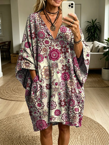 Women's Retro Pink Petal Art Print Casual Fashion Batwing Sleeve Dress