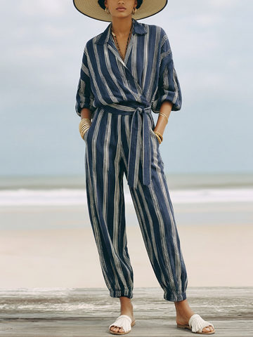 Women's Vacation Navy Blue Linen-Cotton Striped Collared Waisted Cuffed Jumpsuit MDZ2100D5GMJ