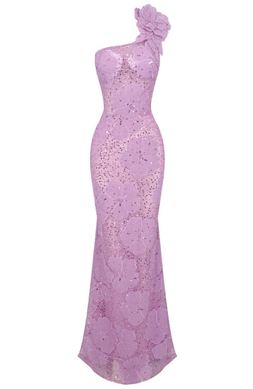 One Shoulder Floral Sequin Maxi Dress Lavender