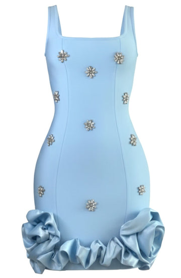 Crystal Embellished Floral Bubble Detail Dress Blue
