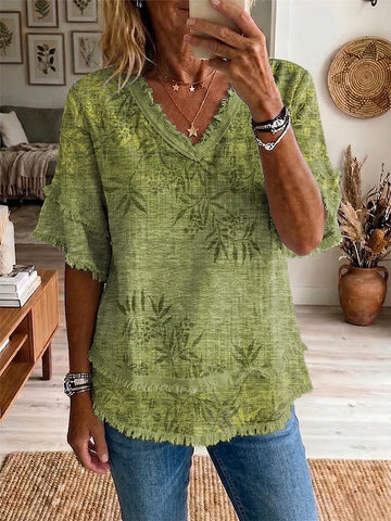 Ethnicity Bamboo Leaves Women's Art Casual Patchwork V Collar Shirt