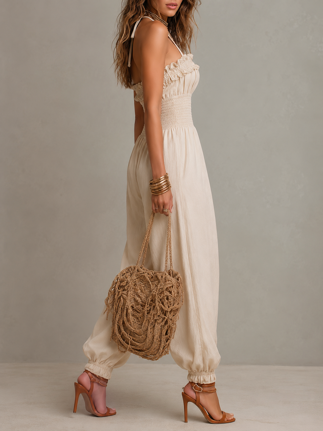 Bohemian Lace-Trimmed Linen-Blend Halter Harem Jumpsuit