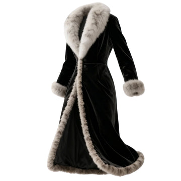 Women's Retro Velvet Fur Collar Long Coat With Side