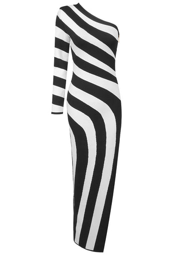 One Sleeve Striped Maxi Dress Black White